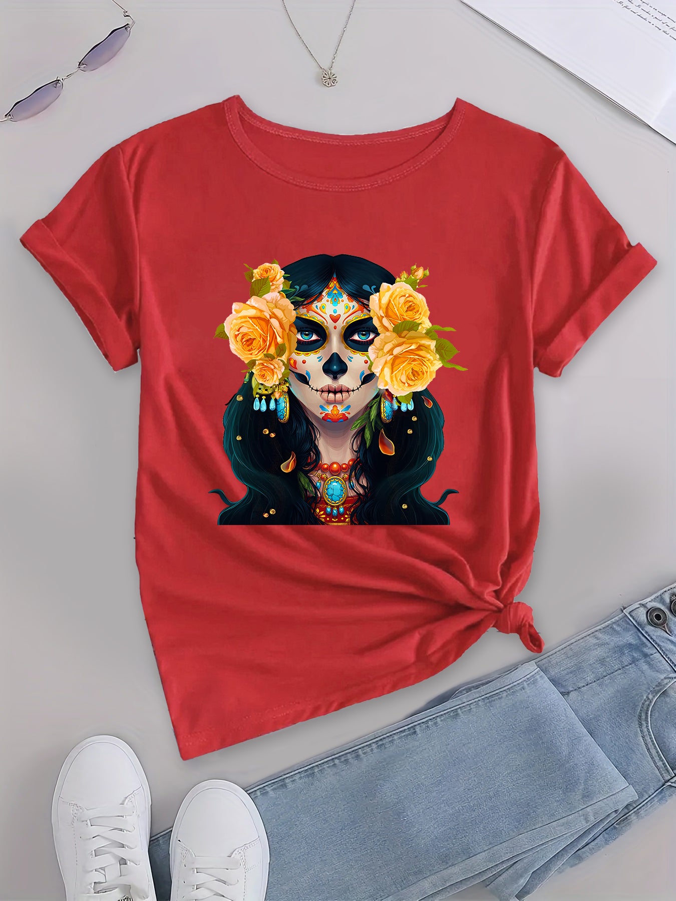 Skull & Floral Print Crew Neck T-shirt, Casual Short Sleeve Summer T-shirt, Women's Clothing