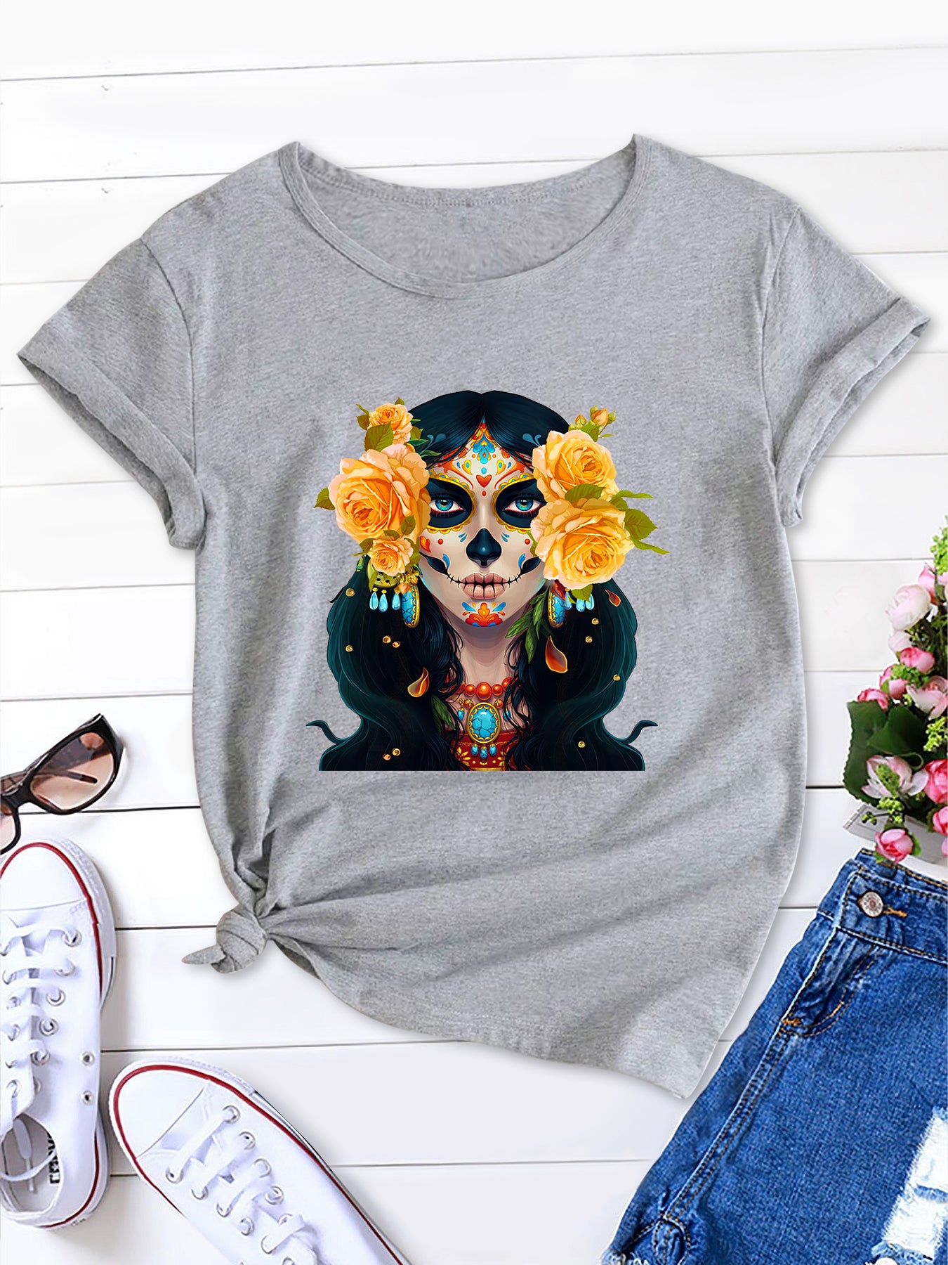 Skull & Floral Print Crew Neck T-shirt, Casual Short Sleeve Summer T-shirt, Women's Clothing