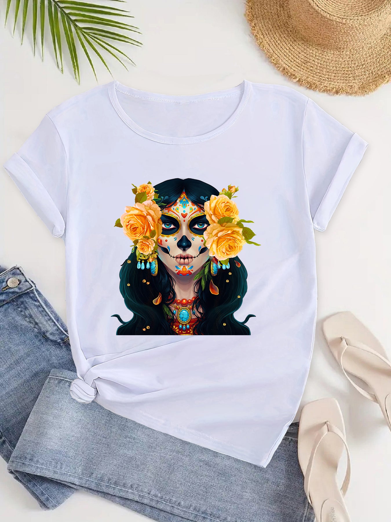 Skull & Floral Print Crew Neck T-shirt, Casual Short Sleeve Summer T-shirt, Women's Clothing