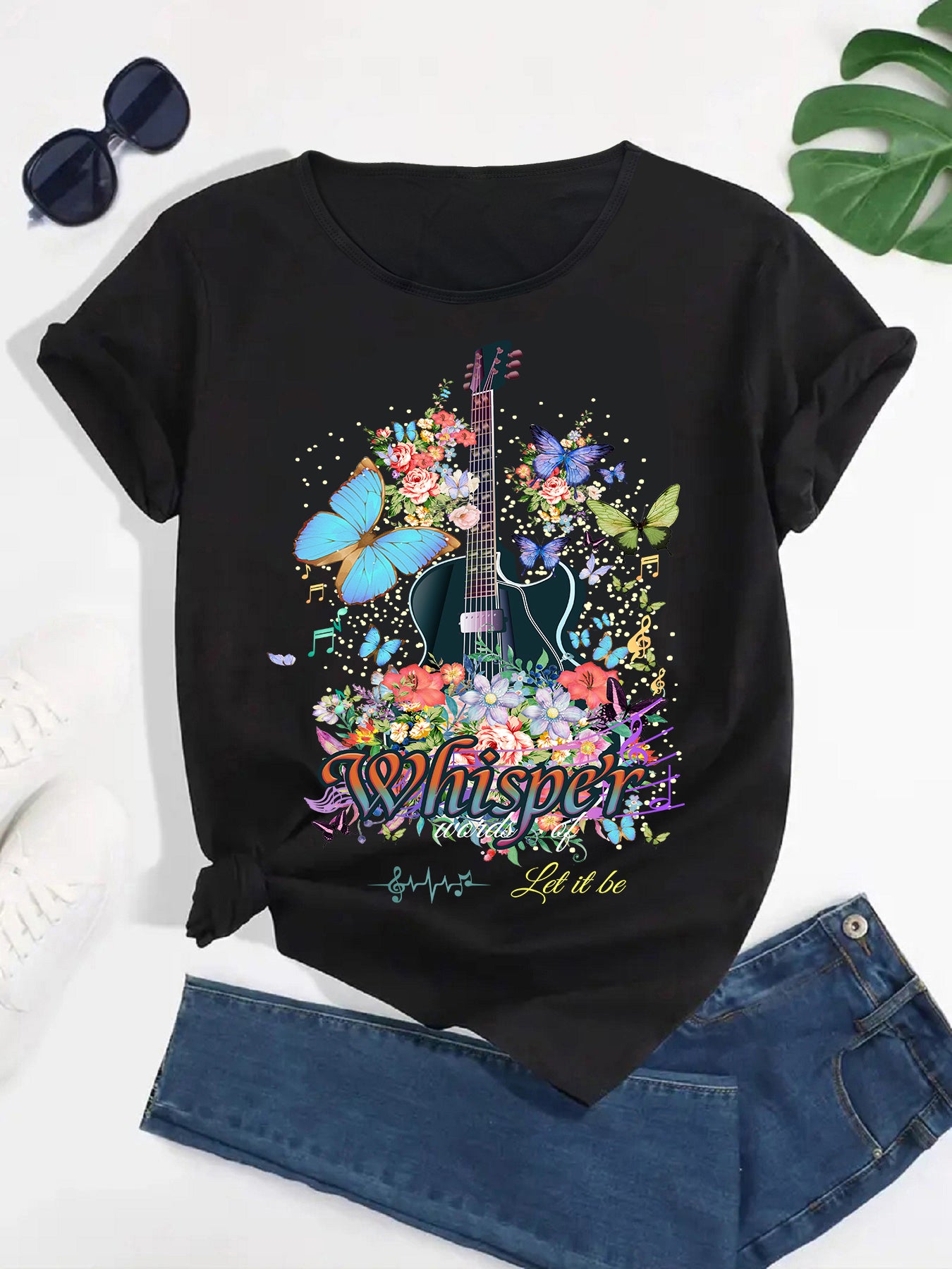 Floral Guitar Tshirt,Guitar Butterfly Women's Tee,Women's Short Sleeve Tee