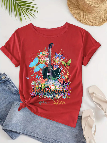 Floral Guitar Tshirt,Guitar Butterfly Women's Tee,Women's Short Sleeve Tee