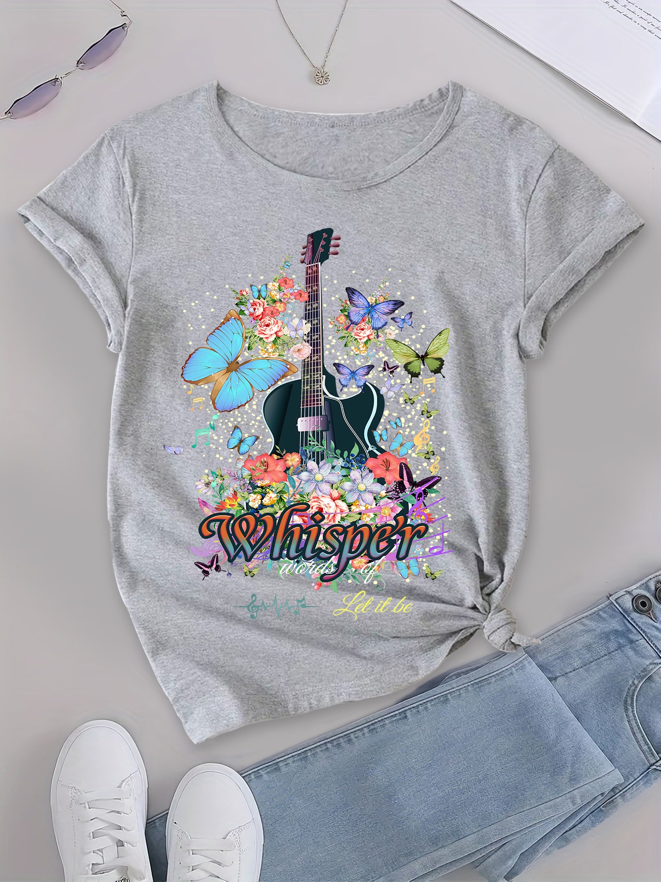 Floral Guitar Tshirt,Guitar Butterfly Women's Tee,Women's Short Sleeve Tee