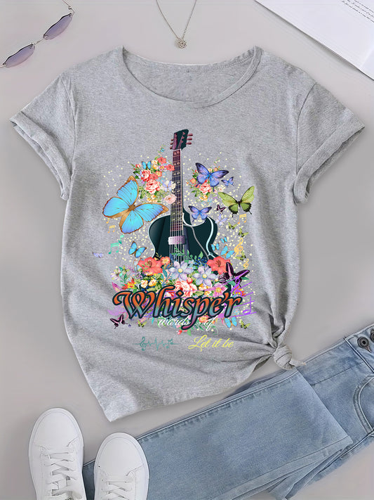 Floral Guitar Tshirt,Guitar Butterfly Women's Tee,Women's Short Sleeve Tee