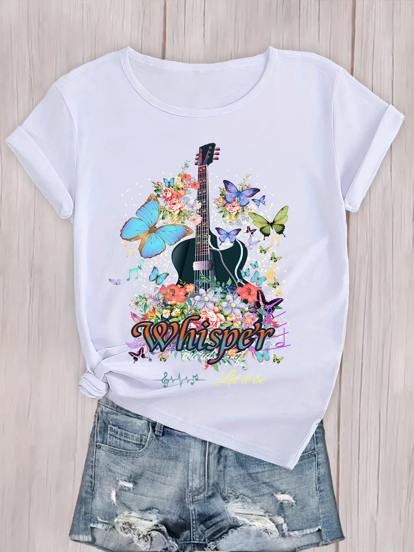 Floral Guitar Tshirt,Guitar Butterfly Women's Tee,Women's Short Sleeve Tee