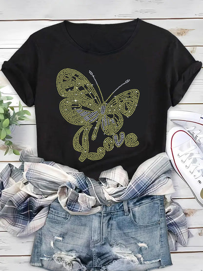 Gold butterfly print women's t-shirt,crew neck women's t-shirt, women's t-shirt tops clothes, women's shirts