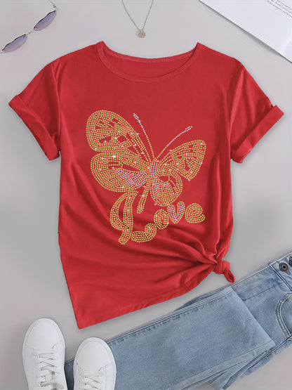 Gold butterfly print women's t-shirt,crew neck women's t-shirt, women's t-shirt tops clothes, women's shirts