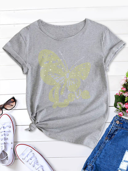 Gold butterfly print women's t-shirt,crew neck women's t-shirt, women's t-shirt tops clothes, women's shirts