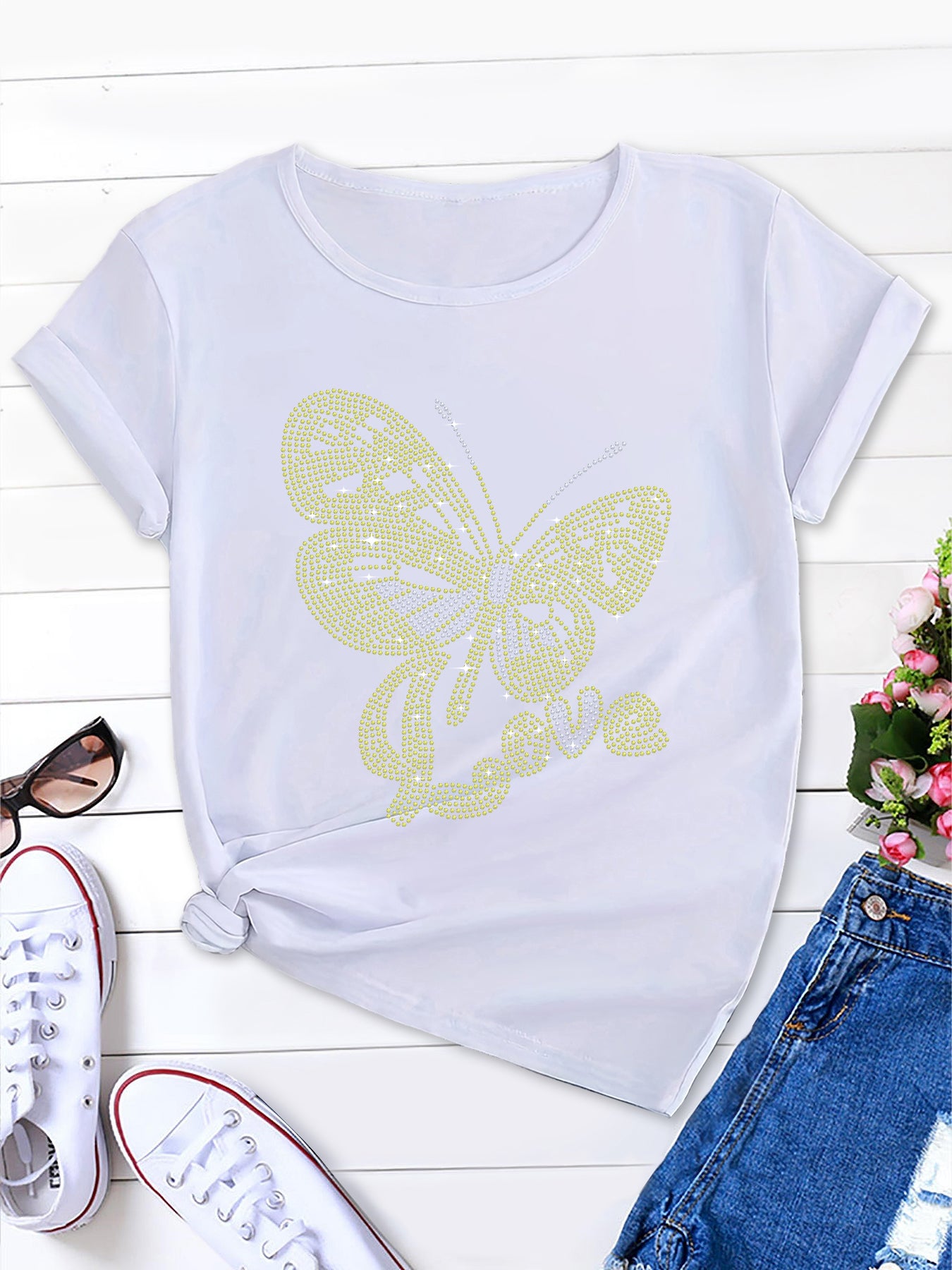 Gold butterfly print women's t-shirt,crew neck women's t-shirt, women's t-shirt tops clothes, women's shirts