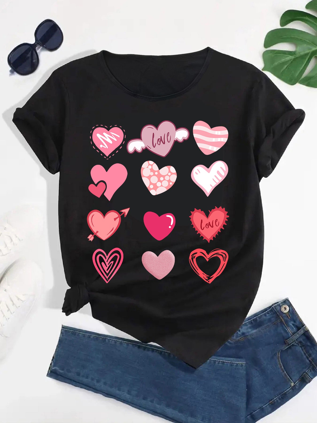 kawaii love printed women's T-shirt,Heart-shaped arrangement printed women's T-shirt