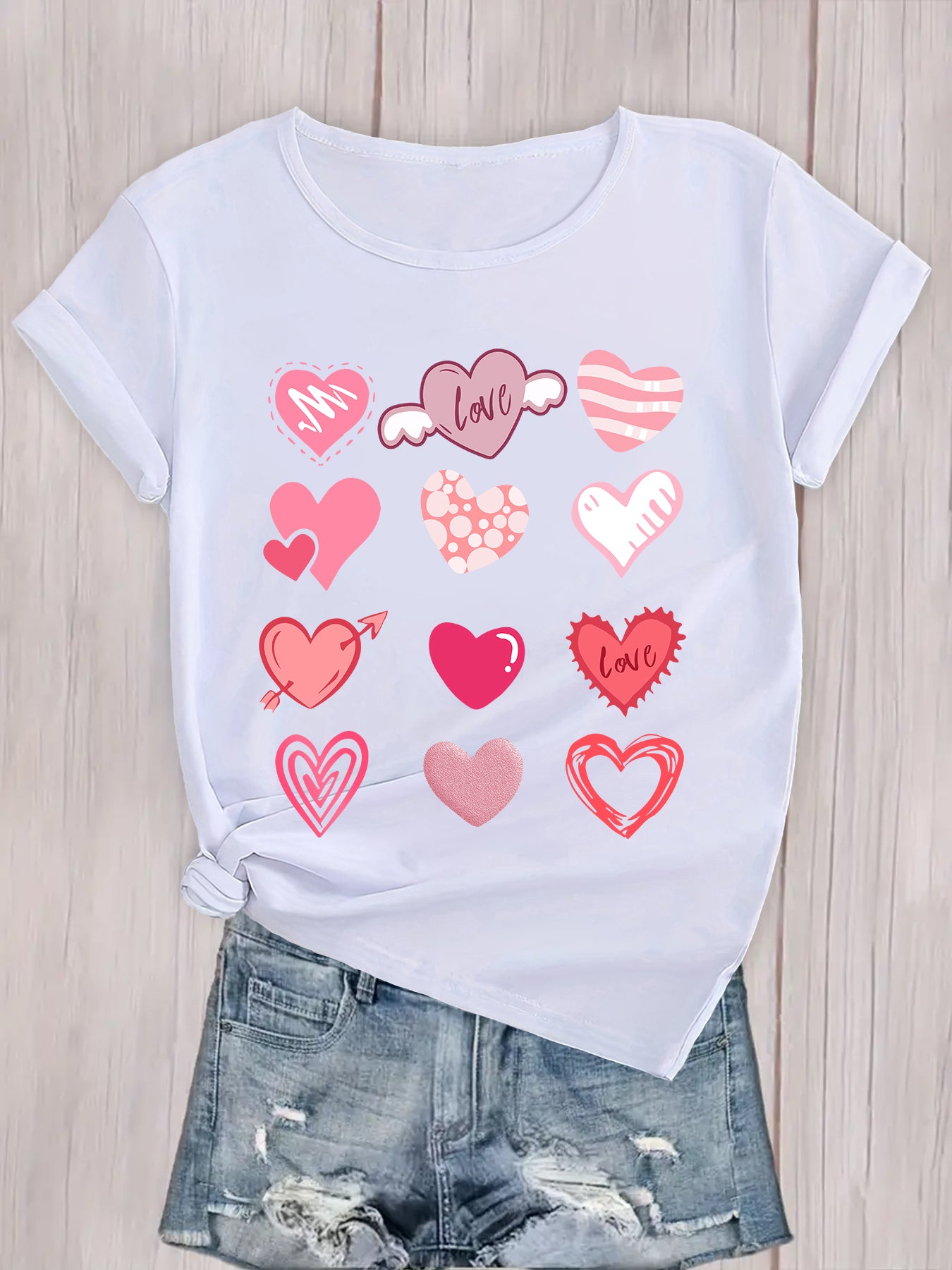 kawaii love printed women's T-shirt,Heart-shaped arrangement printed women's T-shirt