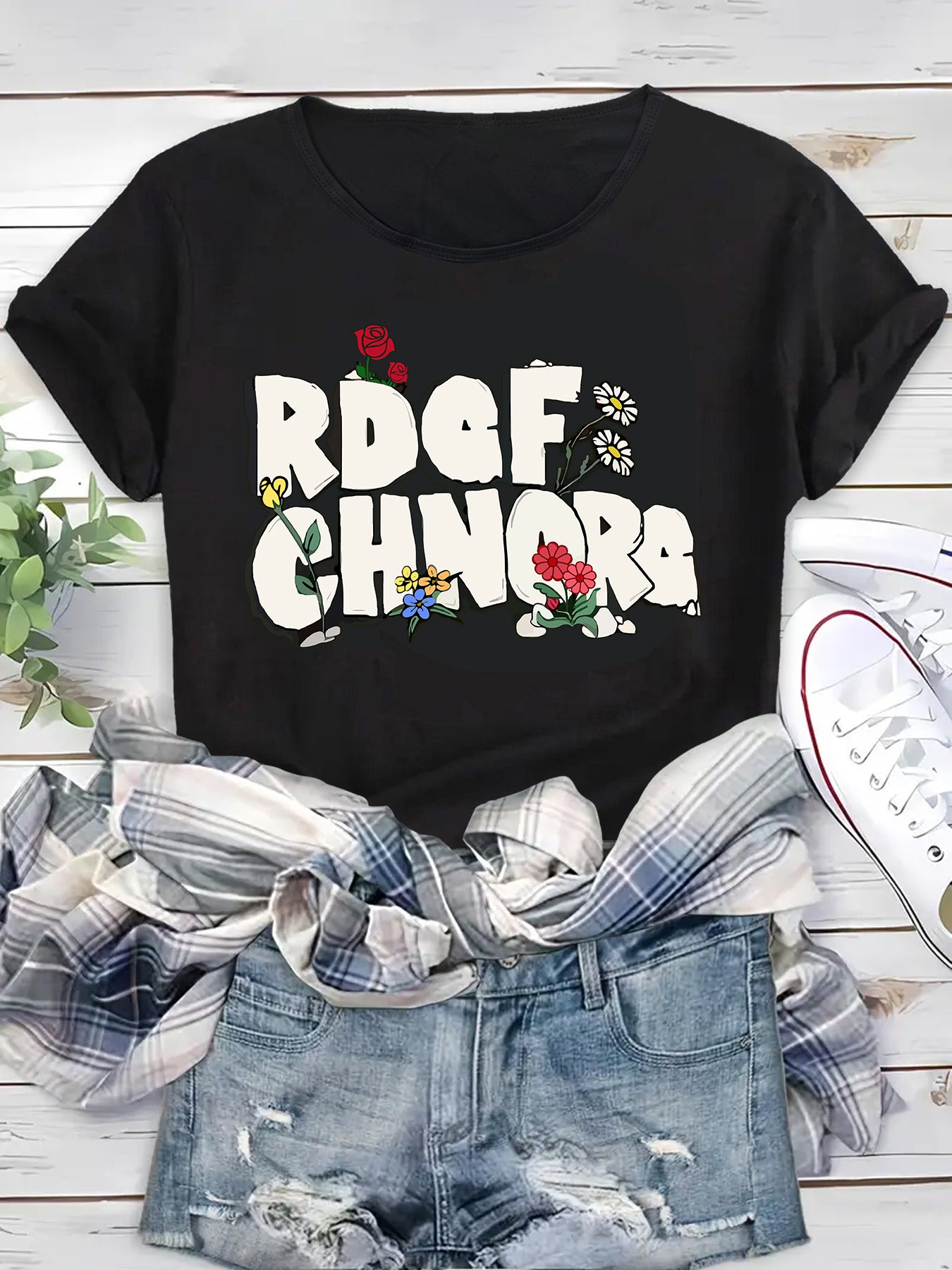 White Lettering Floral Tee,Summer White Lettering Tee,Casual Floral White Tee