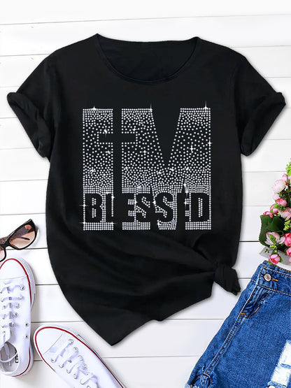 solid color rhinestone letter pattern short-sleeved T-shirt,Summer women's fashionable casual T-shirt